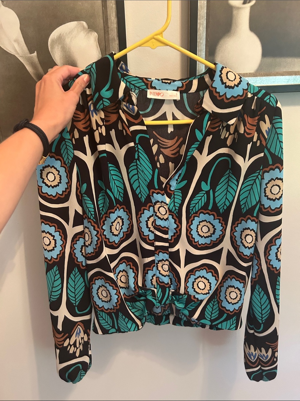 Intempo Black Floral Button-Front Blouse with Teal & Brown Accents